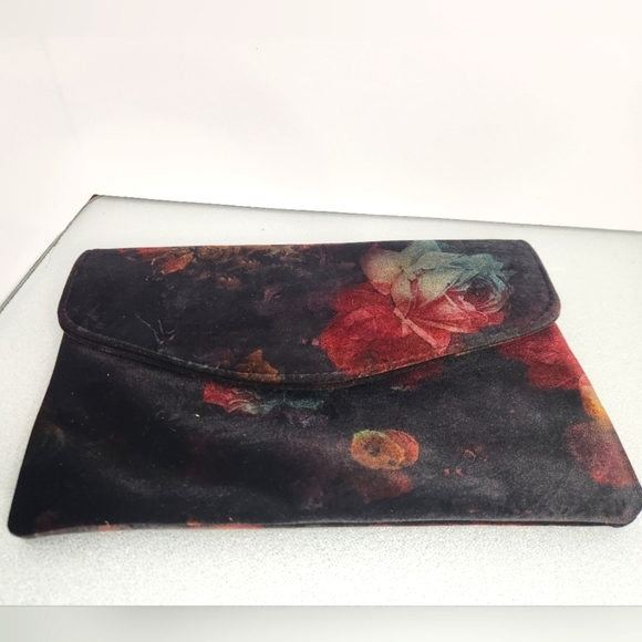 None Handbags - Velvet black w red rose pattern flap closure clutch w hidden strap hooks